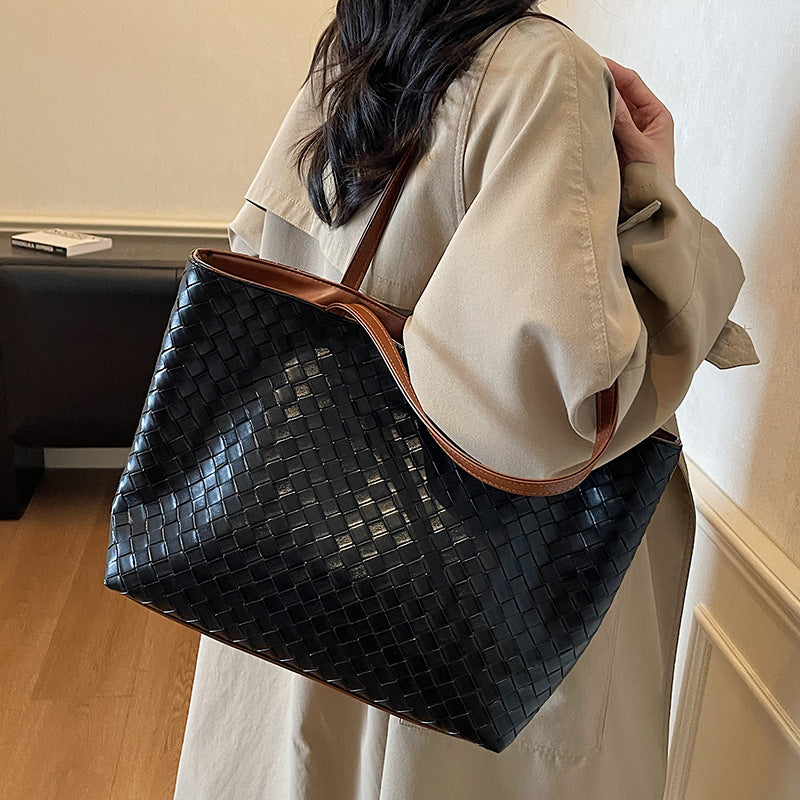 Woven PU Leather Large Capacity Shoulder Tote Bag for Women
