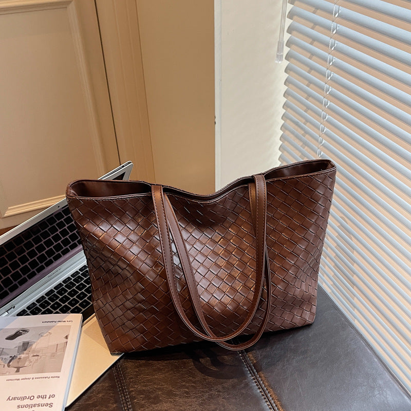 Woven PU Leather Large Capacity Shoulder Tote Bag for Women