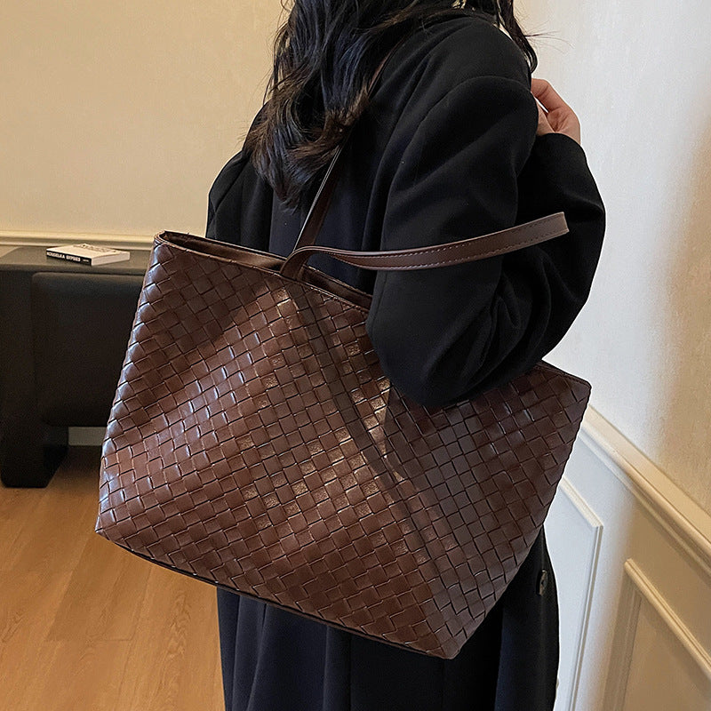 Woven PU Leather Large Capacity Shoulder Tote Bag for Women