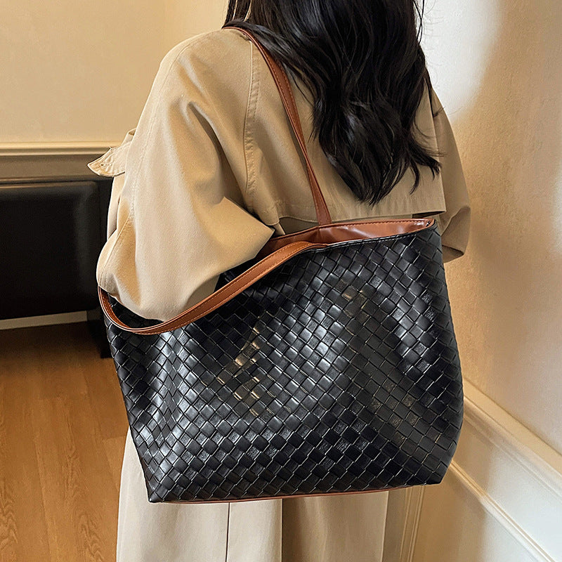 Woven PU Leather Large Capacity Shoulder Tote Bag for Women